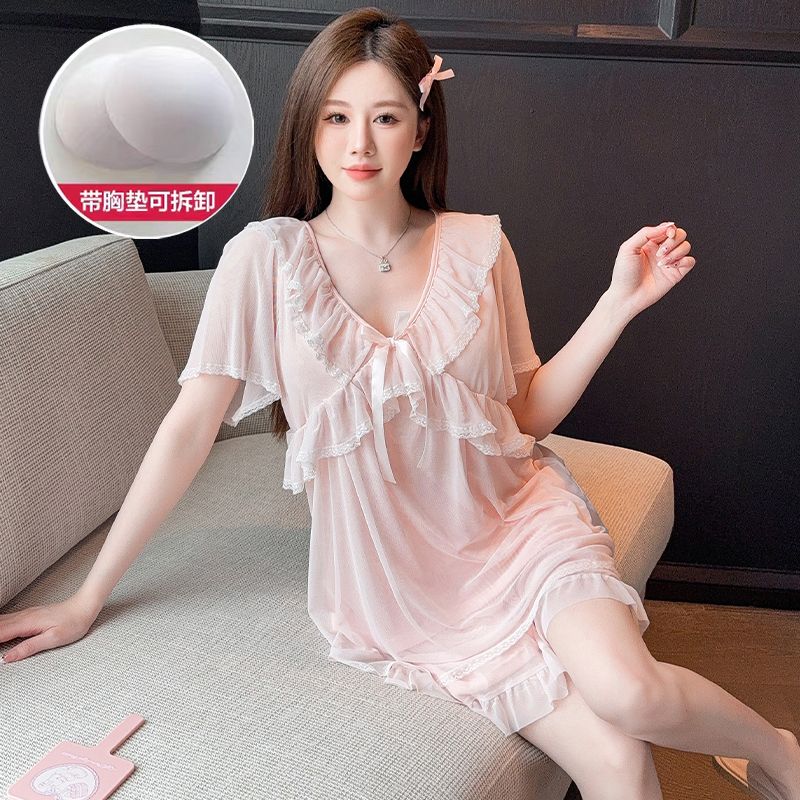 FA33538# 夏季新款蕾丝网纱性感睡衣女韩版可拆胸垫甜美轻奢家居服套装 服裝批發女裝批發服飾貨源