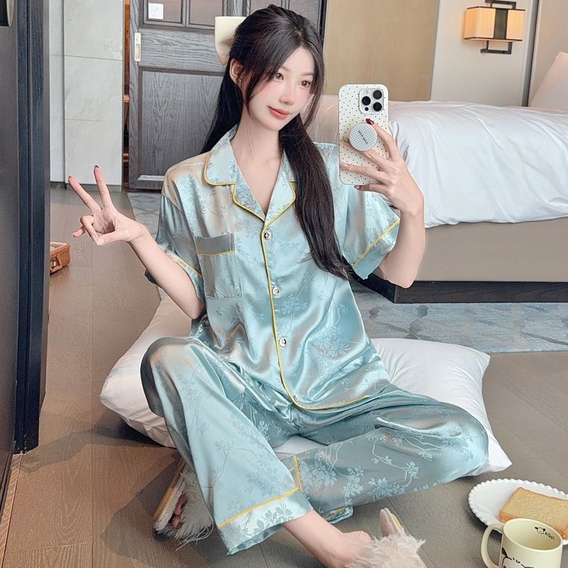 FA33527# 夏季新款高档精美提花国风小梅花睡衣女短袖长裤家居服套装 服裝批發女裝批發服飾貨源