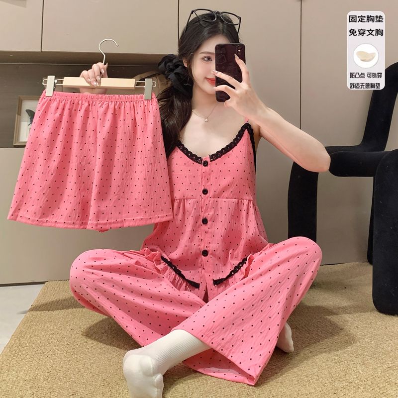 FA33530# 夏季带胸垫云朵棉三件套甜美睡衣女开衫吊带短长裤家居服套装 服裝批發女裝批發服飾貨源