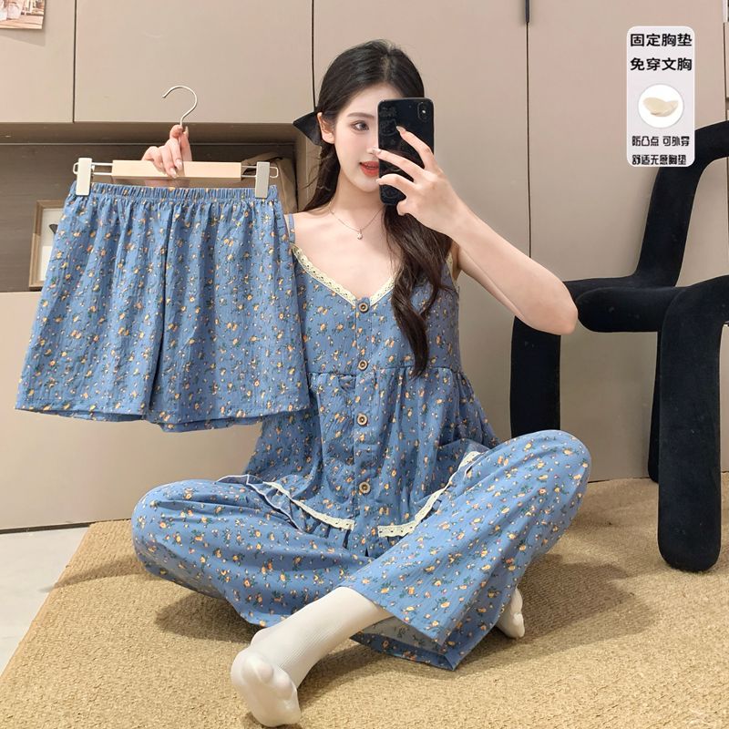 FA33528# 夏季带胸垫云朵棉三件套甜美睡衣女开衫吊带短长裤家居服套装 服裝批發女裝批發服飾貨源