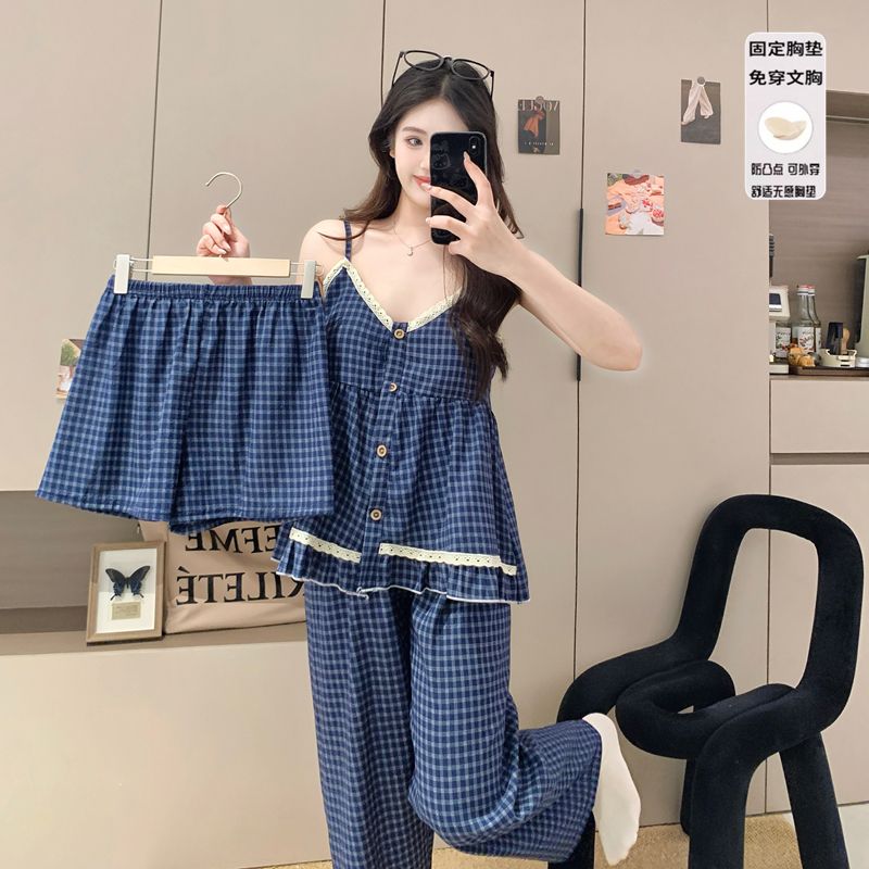 FA33531# 夏季带胸垫云朵棉三件套甜美睡衣女开衫吊带短长裤家居服套装 服裝批發女裝批發服飾貨源