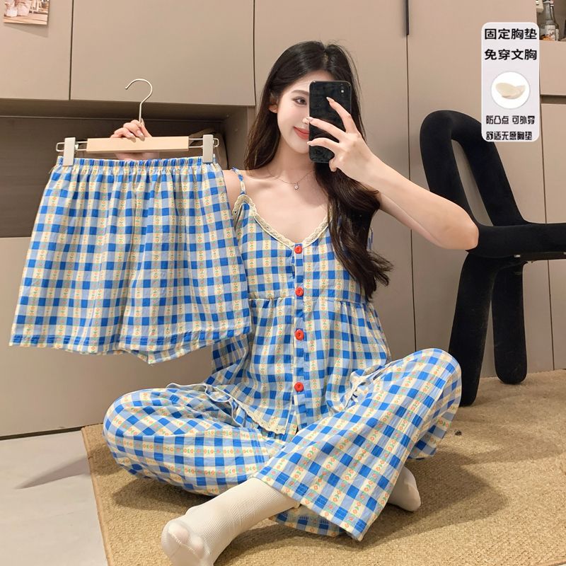 FA33529# 夏季带胸垫云朵棉三件套甜美睡衣女开衫吊带短长裤家居服套装 服裝批發女裝批發服飾貨源