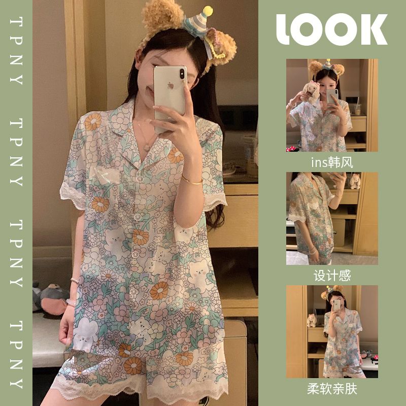 FA33526# 夏季新款甜美可爱小熊碎花短袖短裤睡衣女仿真丝家居服套装 服裝批發女裝批發服飾貨源