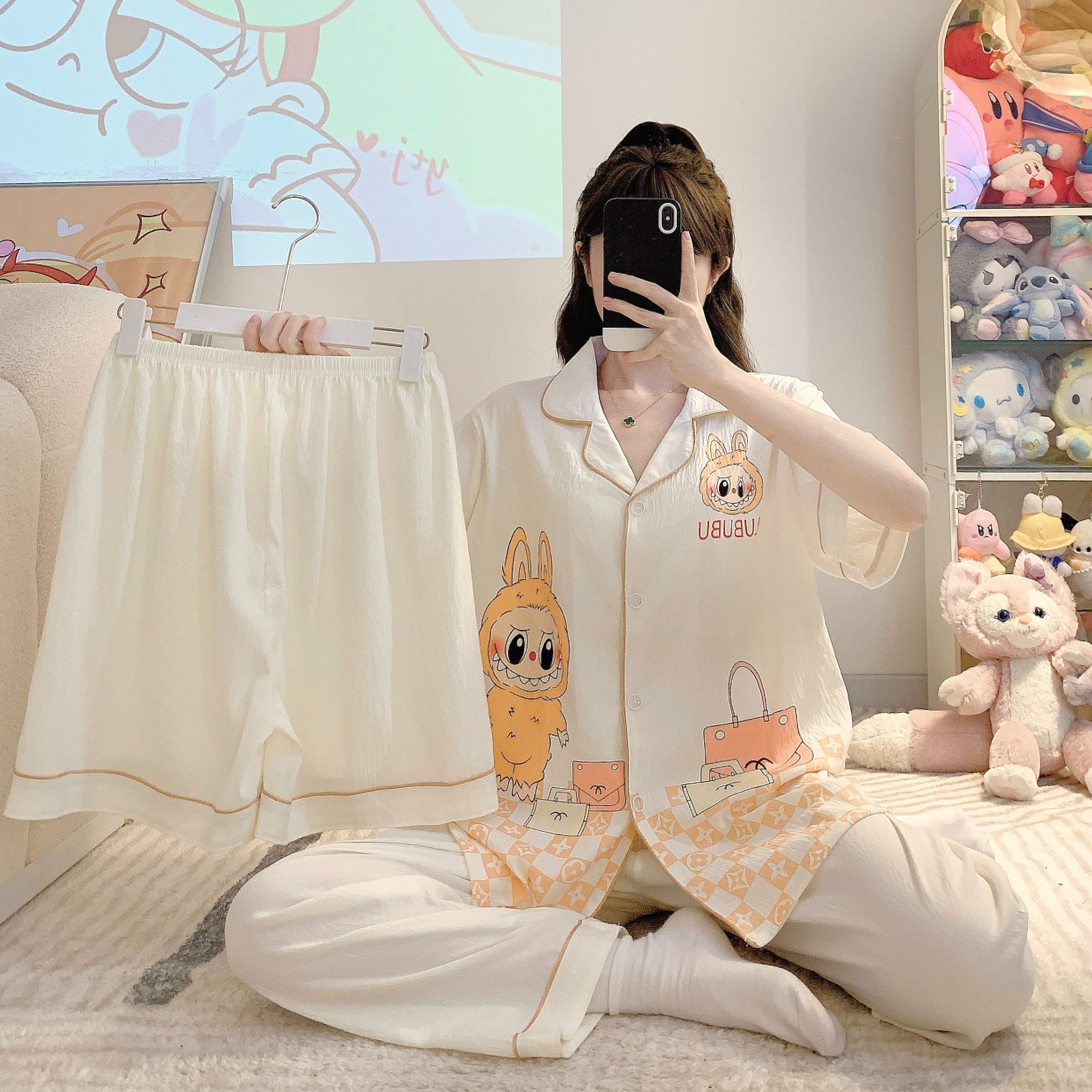 FA33525# 新款labubu云朵棉卡通睡衣女可爱小翻领家居服三件套可外穿 服裝批發女裝批發服飾貨源
