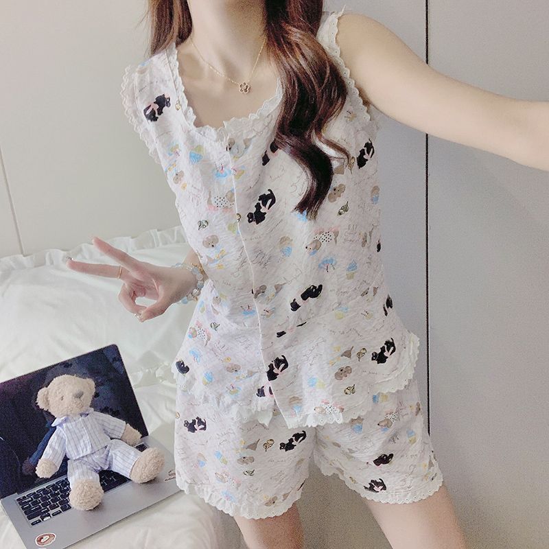 FA33523# 夏季新款云朵棉无袖睡衣女韩版带胸垫甜美可爱少女家居服套装 服裝批發女裝批發服飾貨源
