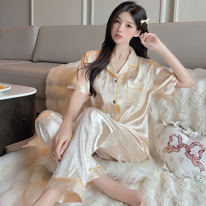 FA33522# 秋冬新款轻奢高颜值精美提花短袖长裤睡衣仿真丝家居服套装 服裝批發女裝批發服飾貨源
