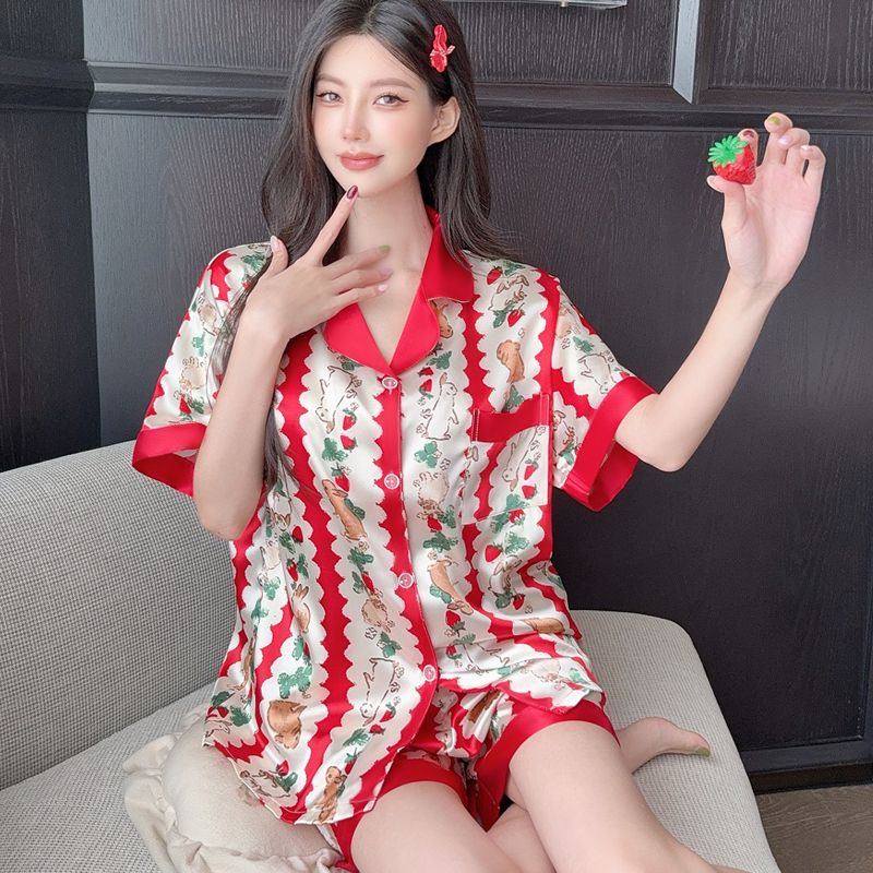 FA33520# 夏季新款日系红色条纹兔子短袖短裤睡衣女仿真丝家居服套装 服裝批發女裝批發服飾貨源