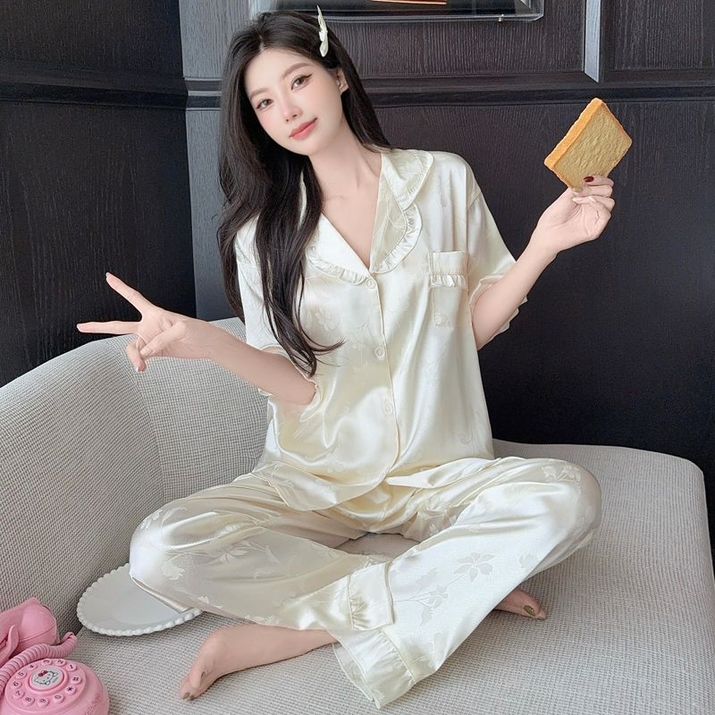 FA33521# 夏季新款高档精美提花公主风花边睡衣女短袖长裤家居服套装 服裝批發女裝批發服飾貨源