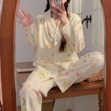 批发实拍<b class='q'>夏</b>季新款带胸垫云朵棉孕妇睡衣产后产妇怀孕期薄款家居服套装