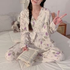 批发实拍<b class='q'>夏</b>季新款带胸垫云朵棉孕妇睡衣产后产妇怀孕期薄款家居服套装