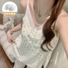 批发实拍直播爆款夏季带<b class='q'>胸</b>垫吊带长裤云朵棉睡衣女甜美蕾丝波点套装