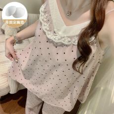 批发实拍直播爆款夏季带<b class='q'>胸</b>垫吊带长裤云朵棉睡衣女甜美蕾丝波点套装