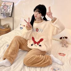 实拍秋冬季新款长毛绒卡通睡衣女韩系甜美可爱加绒加厚家居服套装