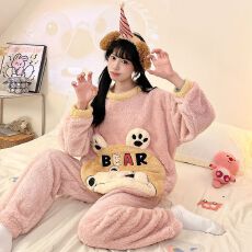 实拍秋冬季新款长毛绒卡通睡衣女韩系甜美可爱加绒加厚家居服套装