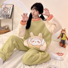 实拍秋冬季新款长毛绒卡通睡衣女韩系甜美可爱加绒加厚家居服套装