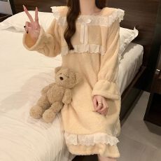批发实拍秋<b class='q'>冬</b>季新款过膝长款睡裙女加厚加绒法兰绒260克小清新家居服