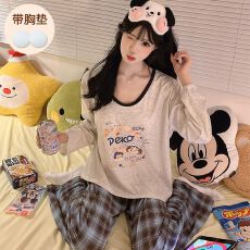 批发实拍春秋季新款彩棉罗纹带胸垫<b class='q'>睡衣</b>女<b class='q'>卡通</b>开衫宽松家居服可外穿