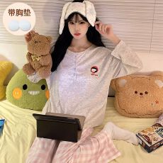 批发实拍春秋季新款彩棉罗纹带胸垫<b class='q'>睡衣</b>女<b class='q'>卡通</b>开衫宽松家居服可外穿