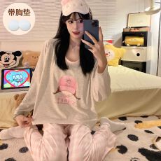 批发实拍春秋季新款彩棉罗纹带胸垫<b class='q'>睡衣</b>女<b class='q'>卡通</b>开衫宽松家居服可外穿