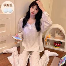 批发实拍春秋季新款彩棉罗纹带胸垫<b class='q'>睡衣</b>女<b class='q'>卡通</b>开衫宽松家居服可外穿