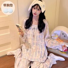 实拍春秋季云朵棉固定胸垫睡衣女公主款花边卡通可外穿家居服套装