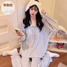 实拍春秋季云朵棉固定胸垫睡衣女公主风花边卡通可外穿家居服套装