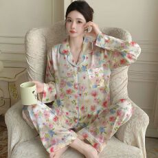 实拍春秋季新款日式田园甜美碎花长袖睡衣女仿真丝婚庆家居服套装