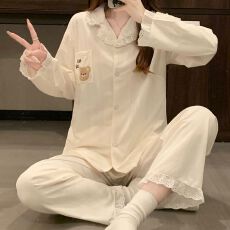 批发实拍春秋季新款提花棉睡衣女ins简约趣味口袋<b class='q'>小熊</b>亲肤家居服套装