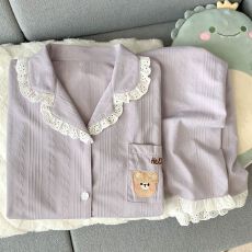 批发实拍春秋季新款提花棉睡衣女ins简约趣味口袋<b class='q'>小熊</b>亲肤家居服套装