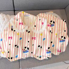 官图春秋季新款云朵棉睡衣女韩版ins条纹小狗舒适柔软家居服套装