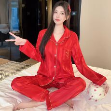 批发(实拍)春秋季新款高级喜庆条纹爱心<b class='q'>睡衣</b>女仿<b class='q'>真丝</b>婚庆家居服<b class='q'>套装</b>