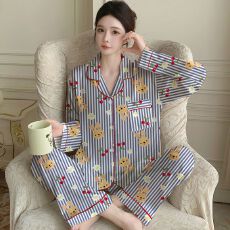 批发实拍 春秋季新款ins风韩系条纹樱桃<b class='q'>睡衣</b>女仿<b class='q'>真丝</b>婚庆家居服<b class='q'>套装</b>