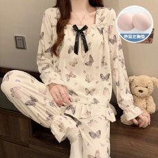 批发实拍春秋季新款带胸垫梭织云朵棉睡衣女韩版甜美公主风家居服套装