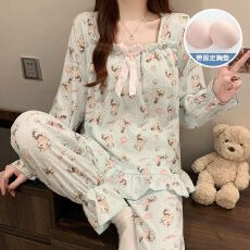 批发实拍春秋季新款带胸垫梭织云朵棉睡衣女韩版甜美公主风家居服套装