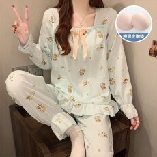 批发实拍春秋季新款带胸垫梭织云朵棉睡衣女韩版甜美公主风家居服套装