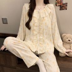 批发实拍春秋季新款云朵棉睡衣女韩版公主领花边宽松印花家居服套装