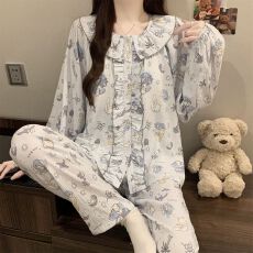 批发实拍春秋季新款云朵棉睡衣女韩版公主领花边宽松印花家居服套装