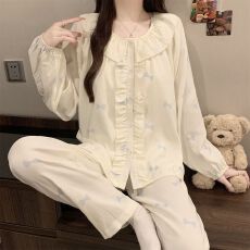批发实拍春秋季新款云朵棉睡衣女韩版公主领花边宽松印花家居服套装