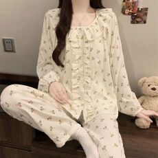 批发实拍春秋季新款云朵棉睡衣女韩版公主领花边宽松印花家居服套装