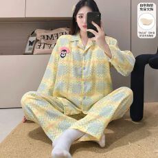 实拍春季新款带胸垫双层纱翻领开衫睡衣女韩版宽松甜美家居服套装