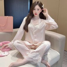 批发实拍春秋季新款高级感抓花醋酸<b class='q'>睡衣</b>女绝美蕾丝温柔轻奢家居服套装