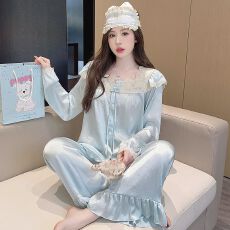 批发实拍春秋季新款宫廷风蕾丝花边抓花醋酸<b class='q'>睡衣</b>女轻奢<b class='q'>丝绸</b>家居服套装