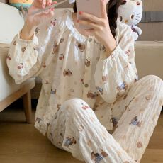 实拍春秋季新款云朵棉卡通睡衣女韩系宽松蕾丝花边甜美家居服套装