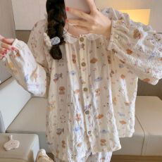 实拍春秋季新款云朵棉卡通睡衣女韩系宽松蕾丝花边甜美家居服套装