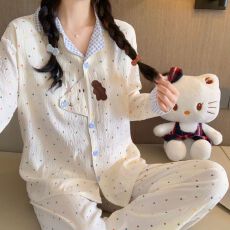 实拍春秋季新款云朵棉卡通睡衣女韩系带胸垫宽松甜美家居服套装