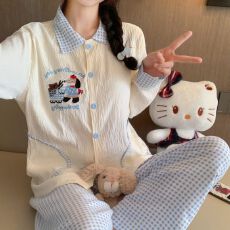 实拍春秋季新款云朵棉卡通睡衣女韩系带胸垫宽松甜美家居服套装