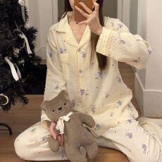 批发实拍春季新款100%<b class='q'>婴儿</b>棉棉纱睡衣女韩系舒适柔软甜美家居服<b class='q'>套装</b>