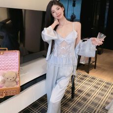 批发四件套轻奢蕾丝冰雪丝<b class='q'>睡衣</b>女春<b class='q'>夏季</b>吊带短裤带胸垫<b class='q'>性感</b>长袖家居服