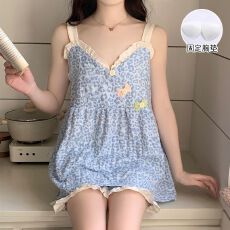 实拍夏季新款云朵棉吊带带胸垫睡衣女韩系甜美可爱网红家居服套装