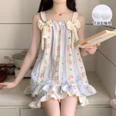 实拍夏季新款云朵棉吊带带胸垫睡衣女韩系甜美可爱网红家居服套装